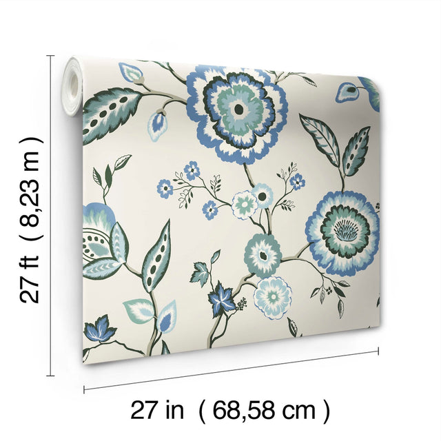 Dahlia Blooms Blue & White Wallpaper with Jacobean Floral Motif - York GO8231