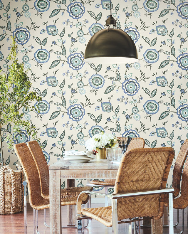 Dahlia Blooms Blue & White Wallpaper with Jacobean Floral Motif - York GO8231