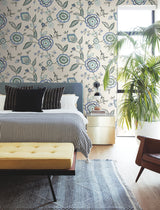 Dahlia Blooms Blue & White Wallpaper with Jacobean Floral Motif - York GO8231