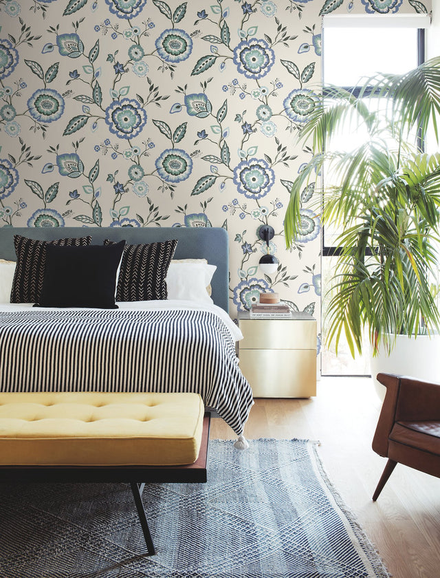 Dahlia Blooms Blue & White Wallpaper with Jacobean Floral Motif - York GO8231