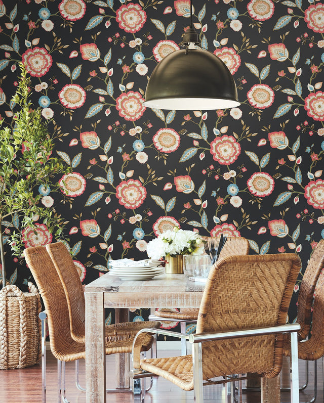 Dahlia Blooms Black & Pink Metallic Wallpaper with Floral Pattern, Sure Strip Prepasted - York GO8232