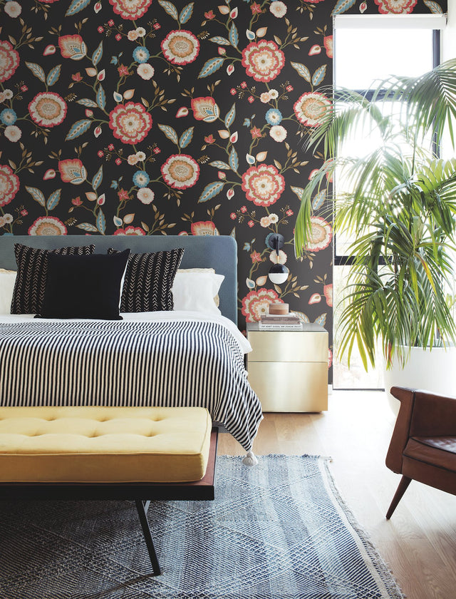 Dahlia Blooms Black & Pink Metallic Wallpaper with Floral Pattern, Sure Strip Prepasted - York GO8232