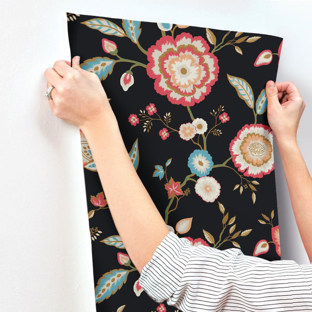Dahlia Blooms Black & Pink Metallic Wallpaper with Floral Pattern, Sure Strip Prepasted - York GO8232