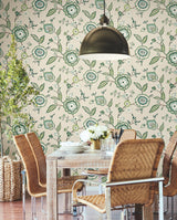 Dahlia Blooms Green & Beige Wallpaper with Floral Jacobean Motif - York GO8233