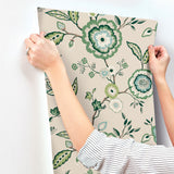 Dahlia Blooms Green & Beige Wallpaper with Floral Jacobean Motif - York GO8233