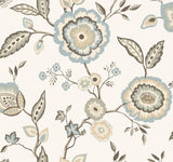 Dahlia Blooms Off White & Blue Wallpaper with Floral Trail on Sure Strip - York GO8234