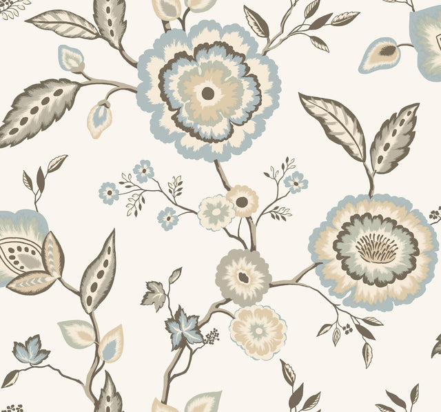 Dahlia Blooms Off White & Blue Wallpaper with Floral Trail on Sure Strip - York GO8234
