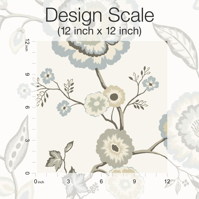 Dahlia Blooms Off White & Blue Wallpaper with Floral Trail on Sure Strip - York GO8234
