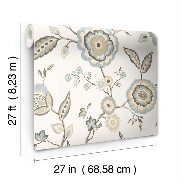 Dahlia Blooms Off White & Blue Wallpaper with Floral Trail on Sure Strip - York GO8234