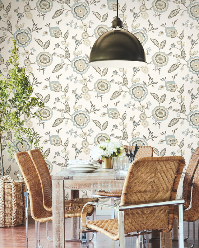 Dahlia Blooms Off White & Blue Wallpaper with Floral Trail on Sure Strip - York GO8234