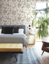 Dahlia Blooms Off White & Blue Wallpaper with Floral Trail on Sure Strip - York GO8234
