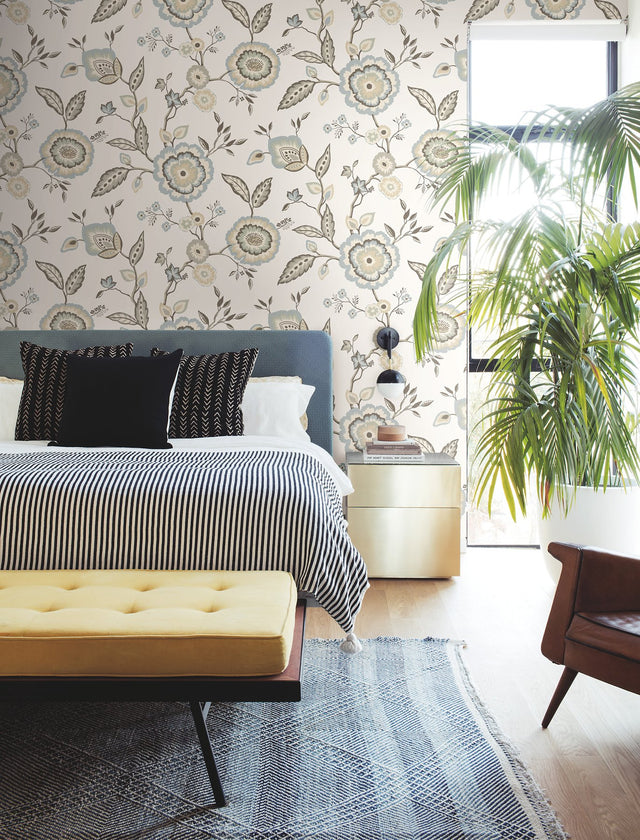 Dahlia Blooms Off White & Blue Wallpaper with Floral Trail on Sure Strip - York GO8234