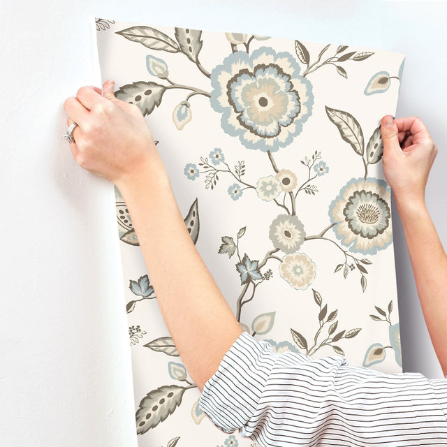 Dahlia Blooms Off White & Blue Wallpaper with Floral Trail on Sure Strip - York GO8234