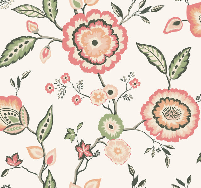 Dahlia Blooms Off White & Pink Wallpaper with Floral Jacobean Motif - York GO8235