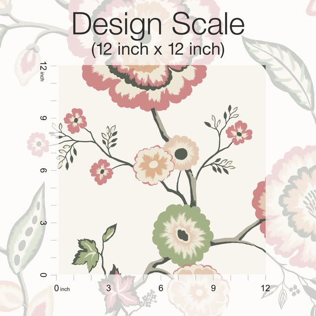 Dahlia Blooms Off White & Pink Wallpaper with Floral Jacobean Motif - York GO8235