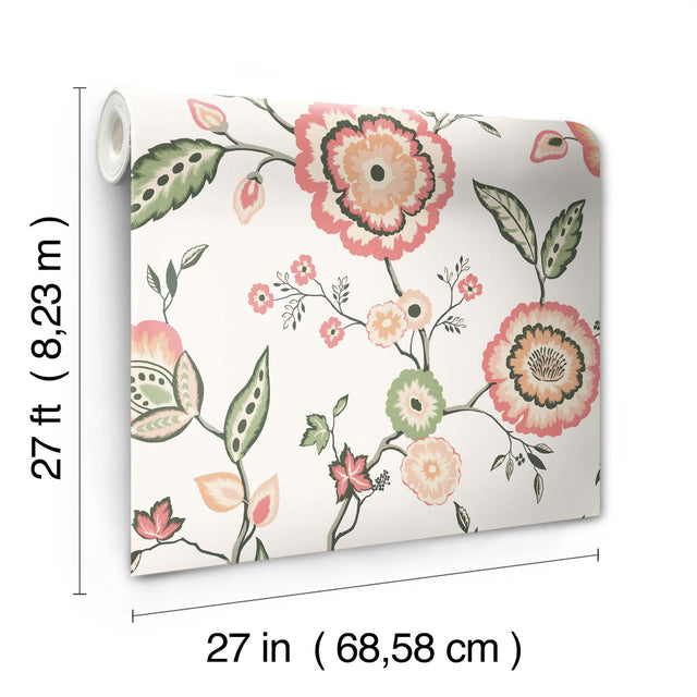 Dahlia Blooms Off White & Pink Wallpaper with Floral Jacobean Motif - York GO8235