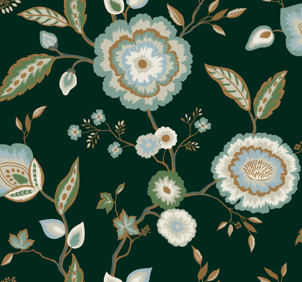 Dahlia Blooms Green & Blue Metallic Wallpaper with Floral Branch Pattern, Sure Strip Prepasted - York GO8236
