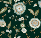 Dahlia Blooms Green & Blue Metallic Wallpaper with Floral Branch Pattern, Sure Strip Prepasted - York GO8236