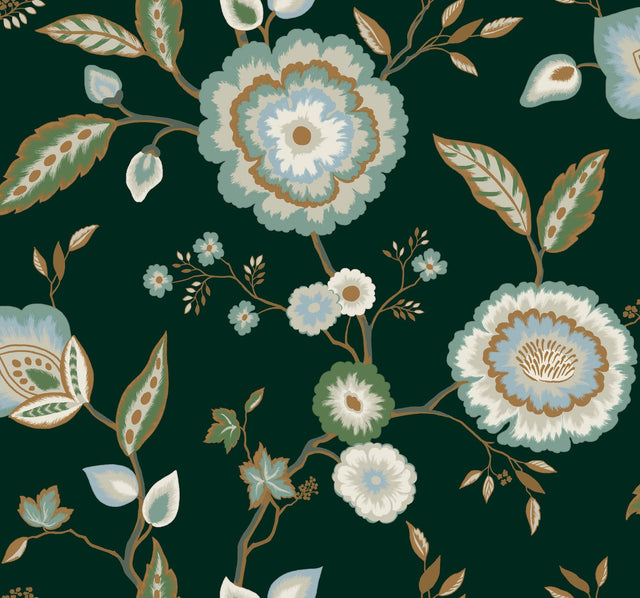 Dahlia Blooms Green & Blue Metallic Wallpaper with Floral Branch Pattern, Sure Strip Prepasted - York GO8236