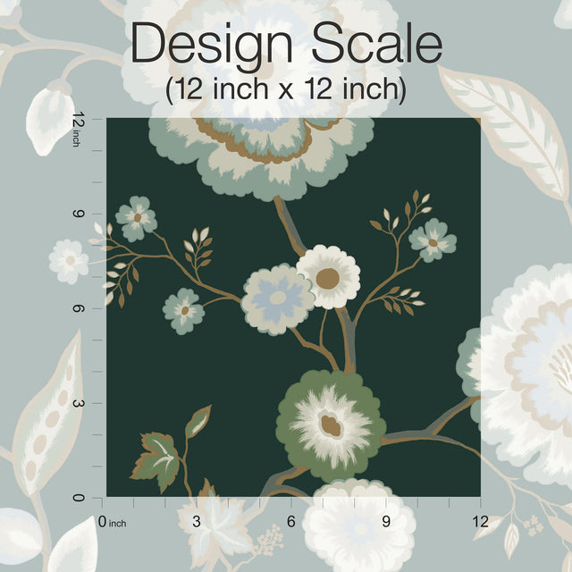 Dahlia Blooms Green & Blue Metallic Wallpaper with Floral Branch Pattern, Sure Strip Prepasted - York GO8236