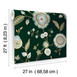 Dahlia Blooms Green & Blue Metallic Wallpaper with Floral Branch Pattern, Sure Strip Prepasted - York GO8236