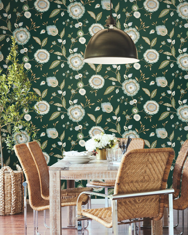 Dahlia Blooms Green & Blue Metallic Wallpaper with Floral Branch Pattern, Sure Strip Prepasted - York GO8236