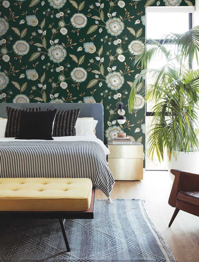 Dahlia Blooms Green & Blue Metallic Wallpaper with Floral Branch Pattern, Sure Strip Prepasted - York GO8236
