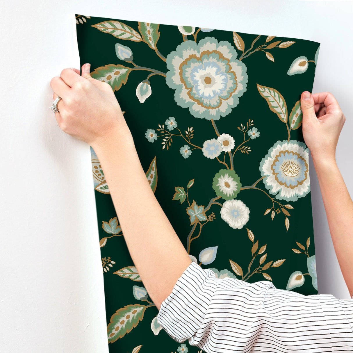 Dahlia Blooms Green & Blue Metallic Wallpaper with Floral Branch Pattern, Sure Strip Prepasted - York GO8236