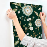 Dahlia Blooms Green & Blue Metallic Wallpaper with Floral Branch Pattern, Sure Strip Prepasted - York GO8236