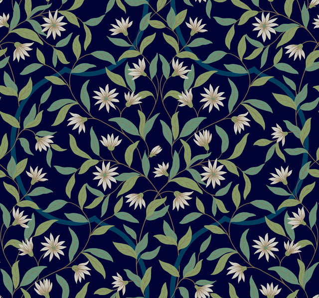 Jasmine Blue Metallic Floral Sure Strip Prepasted Wallpaper - York GO8251