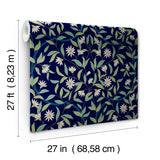 Jasmine Blue Metallic Floral Sure Strip Prepasted Wallpaper - York GO8251