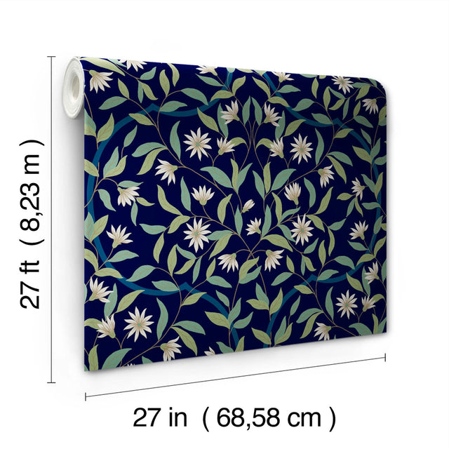 Jasmine Blue Metallic Floral Sure Strip Prepasted Wallpaper - York GO8251