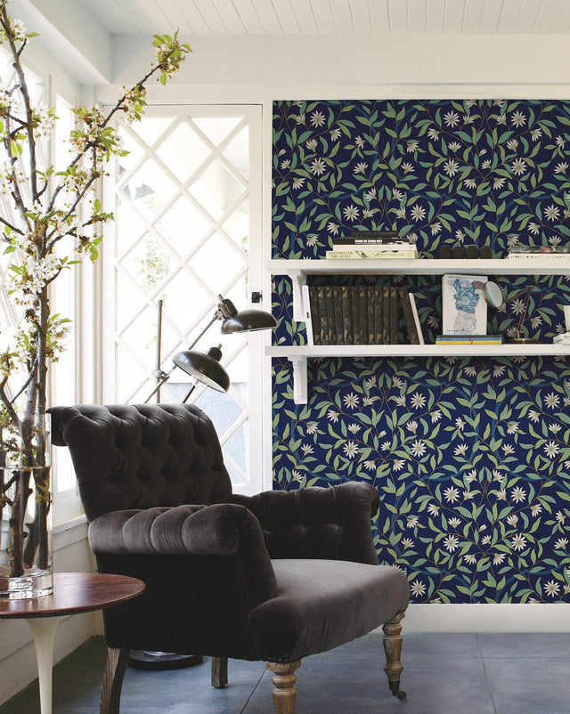 Jasmine Blue Metallic Floral Sure Strip Prepasted Wallpaper - York GO8251