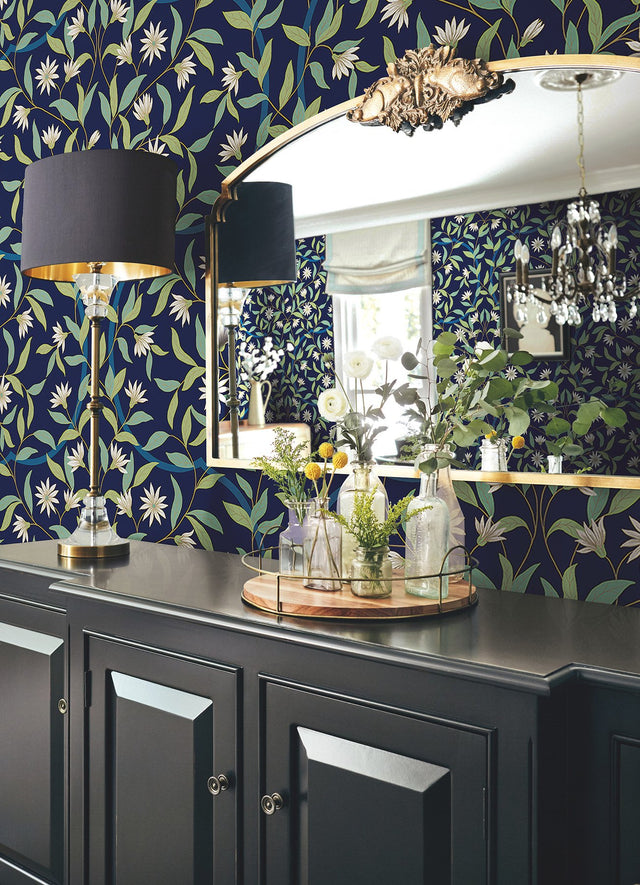 Jasmine Blue Metallic Floral Sure Strip Prepasted Wallpaper - York GO8251