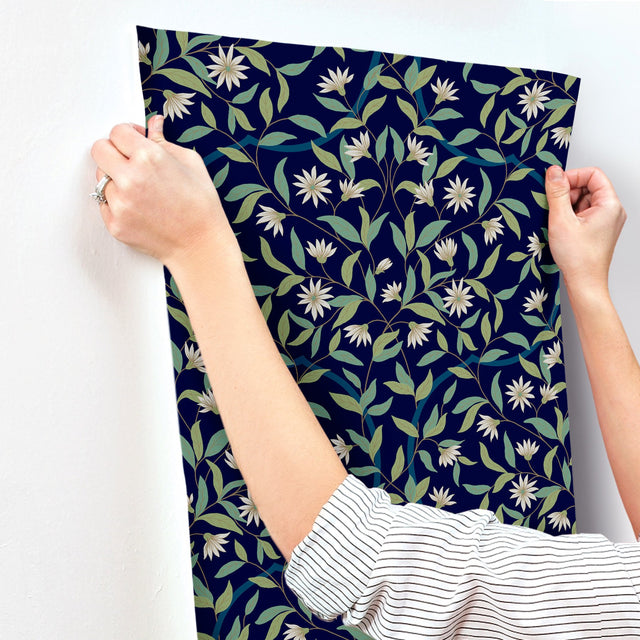 Jasmine Blue Metallic Floral Sure Strip Prepasted Wallpaper - York GO8251