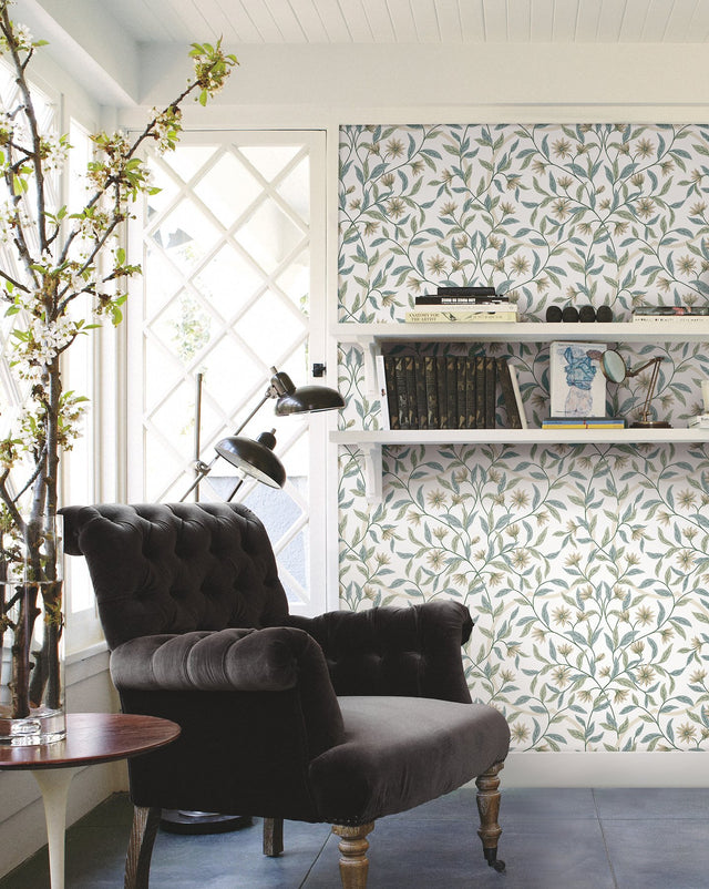 Jasmine Eucalyptus Floral Prepasted Wallpaper in Green and Beige - York GO8253