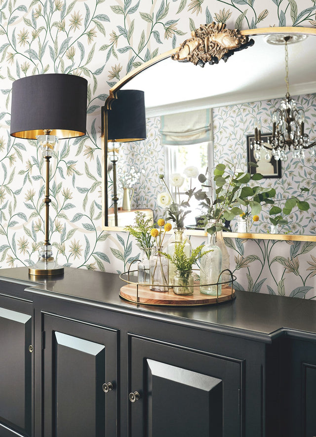 Jasmine Eucalyptus Floral Prepasted Wallpaper in Green and Beige - York GO8253