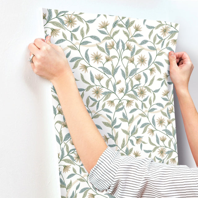 Jasmine Eucalyptus Floral Prepasted Wallpaper in Green and Beige - York GO8253