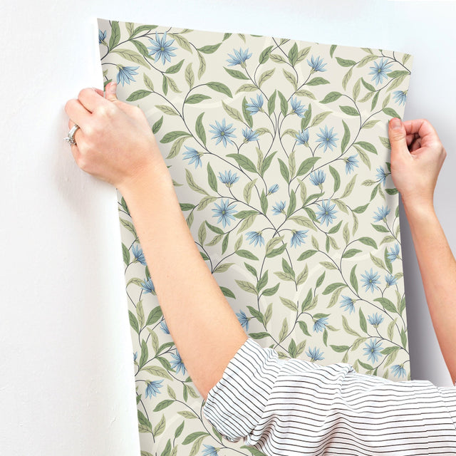 Cornflower Jasmine Blue Floral Vine Prepasted Wallpaper - York GO8255