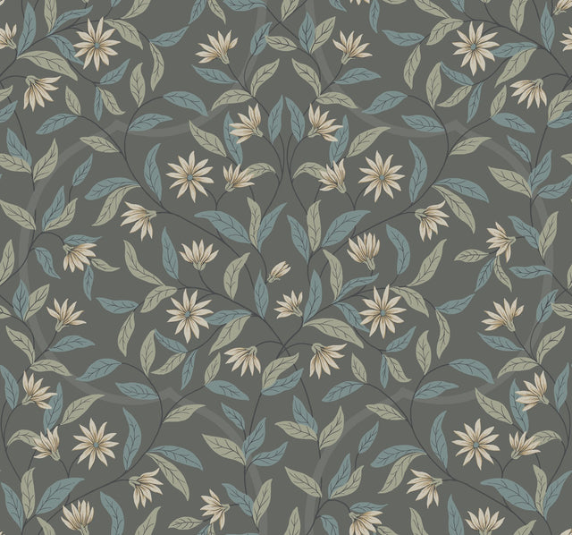 Jasmine Charcoal Floral Sure Strip Prepasted Wallpaper - York GO8256