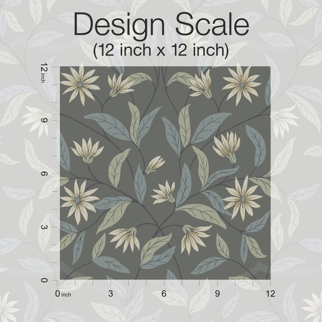 Jasmine Charcoal Floral Sure Strip Prepasted Wallpaper - York GO8256