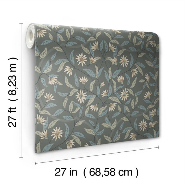 Jasmine Charcoal Floral Sure Strip Prepasted Wallpaper - York GO8256