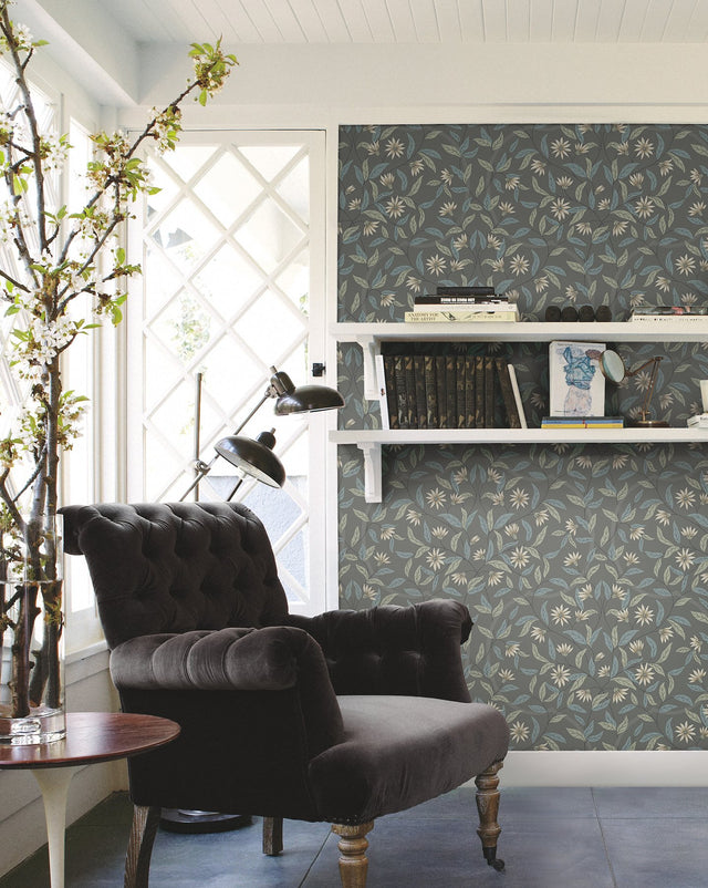 Jasmine Charcoal Floral Sure Strip Prepasted Wallpaper - York GO8256
