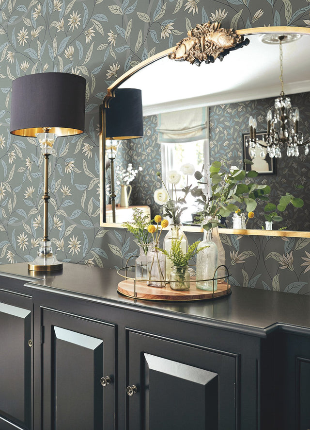 Jasmine Charcoal Floral Sure Strip Prepasted Wallpaper - York GO8256