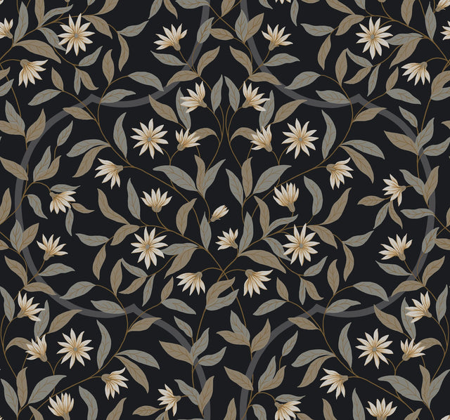 Jasmine Black Metallic Floral Wallpaper with Metallic Effect - York GO8257