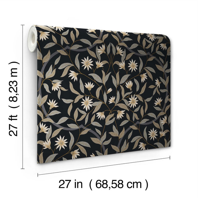 Jasmine Black Metallic Floral Wallpaper with Metallic Effect - York GO8257