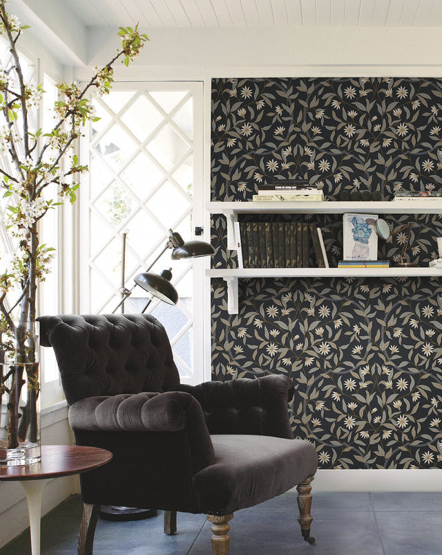 Jasmine Black Metallic Floral Wallpaper with Metallic Effect - York GO8257