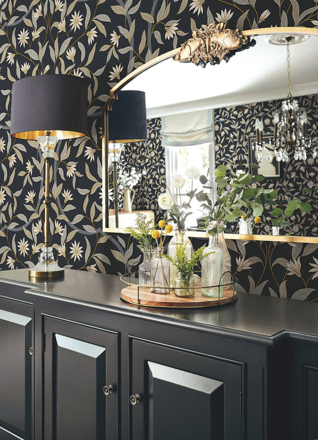 Jasmine Black Metallic Floral Wallpaper with Metallic Effect - York GO8257