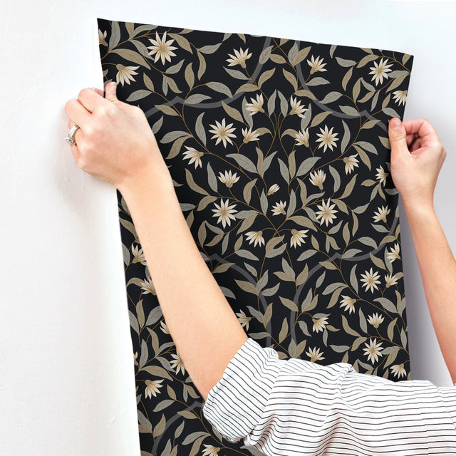 Jasmine Black Metallic Floral Wallpaper with Metallic Effect - York GO8257