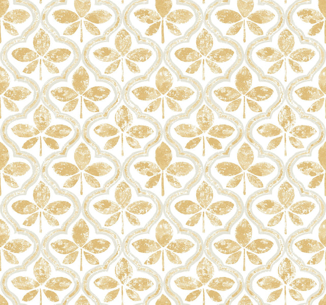 Sevilla Ochre Geometric Ogee Leaf Prepasted Wallpaper - York GO8271